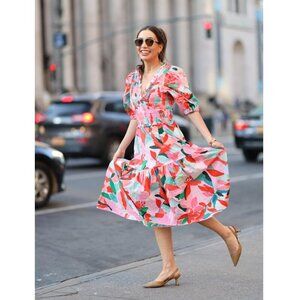 Jesse Zhao Ramona Watermelon Smocked Midi Dress Size 2